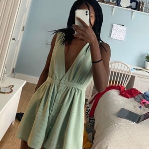 UO Plaid Chiffon Plunging Button-Down Romper